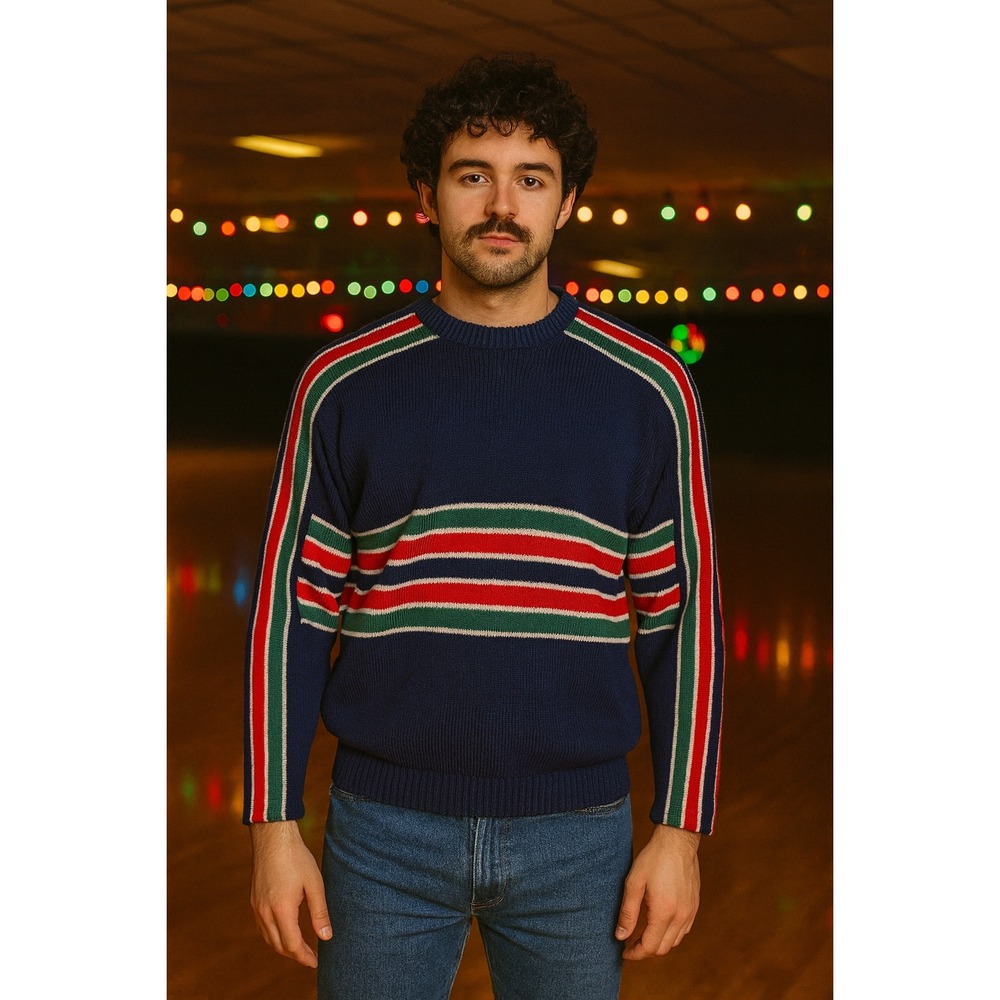 Vintage Campus Red Green‎ White Striped Sweater Mens Acrylic Knit